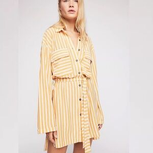 Free‎ People Crossroads Tunic Dress Yellow Striped Size XS Bohemian Tie Waist